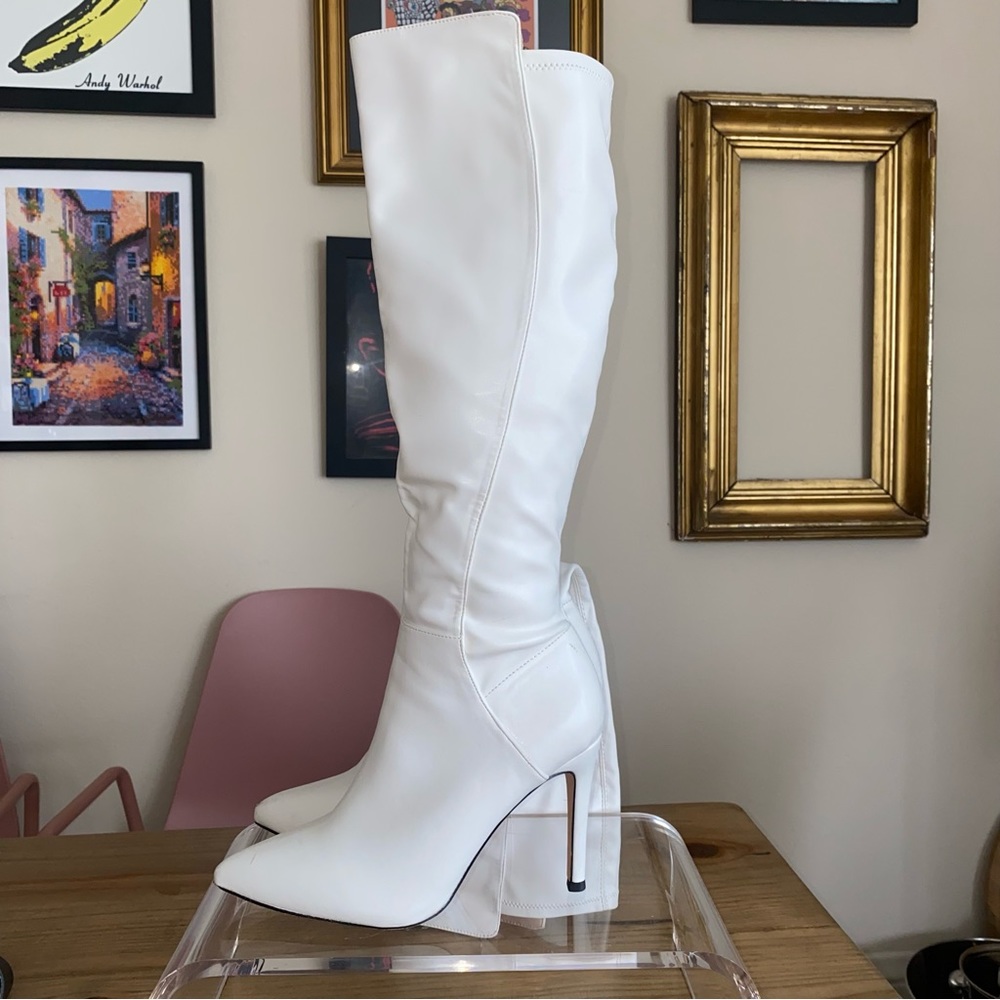 White faux leather heeled knee high boots